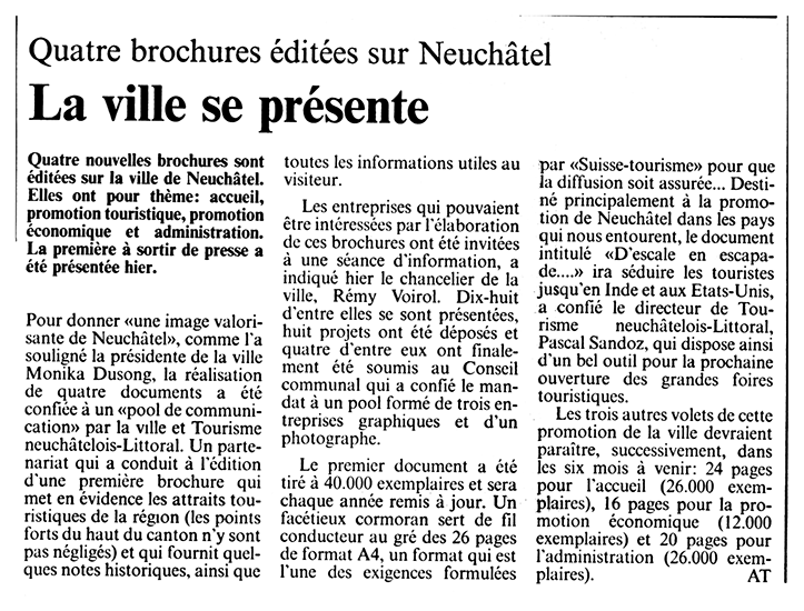 Conception et réalisation de brochures A4 pour la Ville de Neuchâtel après avoir gagné le concours